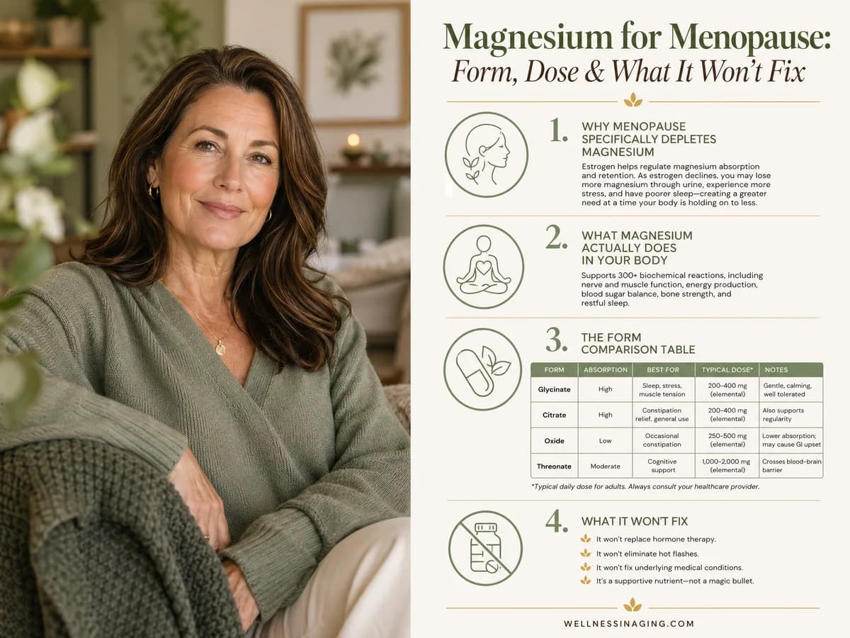 Magnesium for Menopause: Form, Dose and What It Won't Fix — infographic